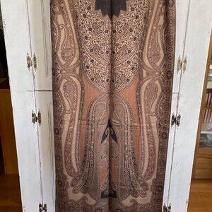 Women's Long Scarf w/ Fringe/Brown, Tan, Rust, Gray Tones & Pattern